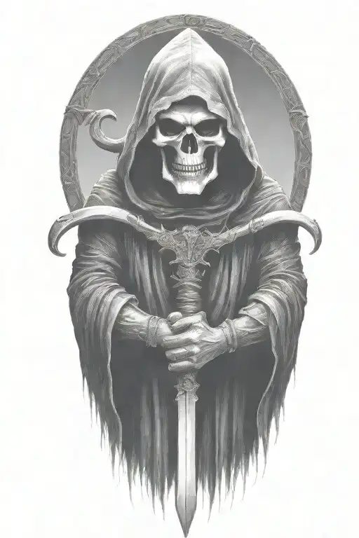 hooded Reaper, darkness,, scary, holding a scythe, blade tattoo design idea