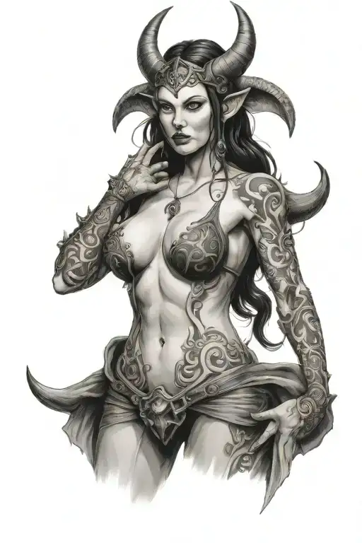 succubus, large breasted, attractive woman, small horns, symetrical horns tattoo design idea
