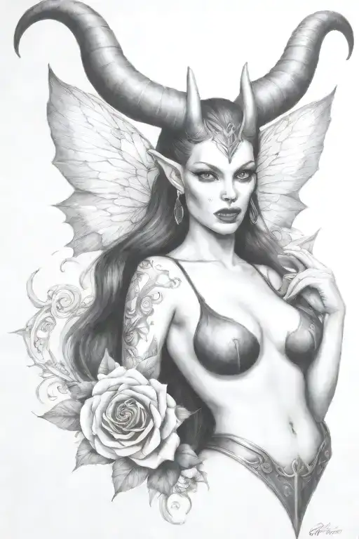succubus, large breasted, attractive woman, small horns, symetrical horns tattoo design idea