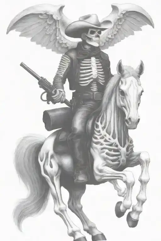 skeleton cowboy, skeleton horse, black and white, detailed, bones, horse skull, no skin tattoo design idea
