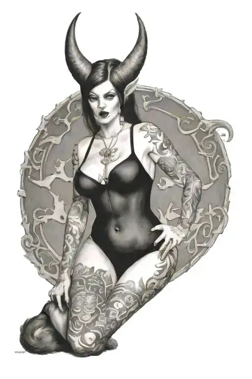 Succubus, seductive, large breasted, lingerie, tattooed, full body, standing tattoo design idea