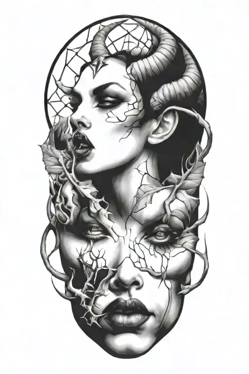 succubus, smoke, thorns, seductive, attractive woman, horns, symetrical  tattoo design idea