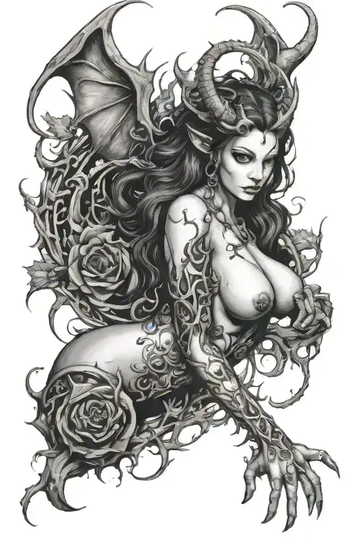 succubus, full body, seductive, large breasted, thorns tattoo design idea
