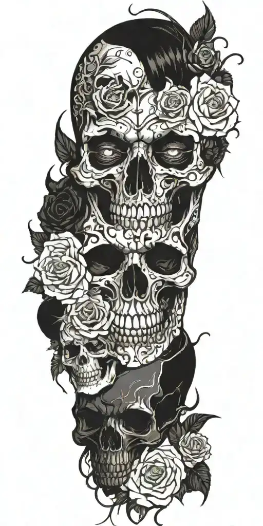 succubus, thorns, smoke, skulls, roses tattoo design idea