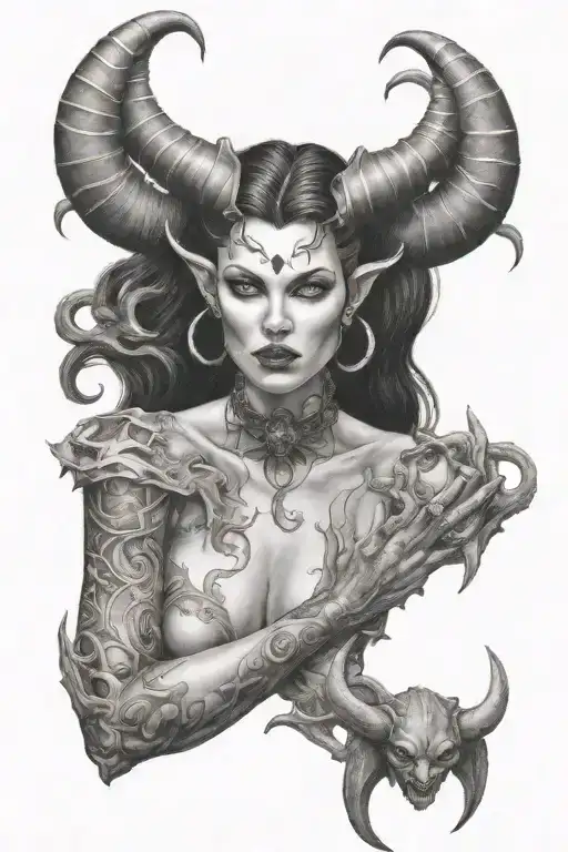 succubus, large breasted, attractive woman, horns tattoo design idea