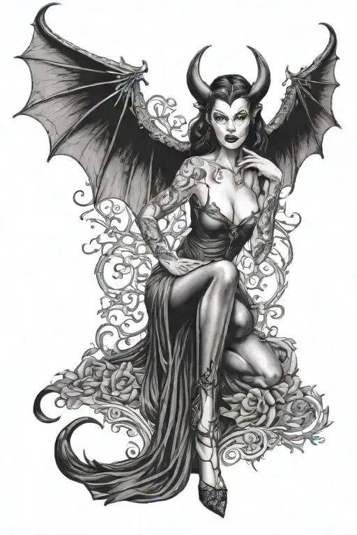 Succubus, seductive, large breasted, lingerie, bat wings, tattooed, full body tattoo design idea