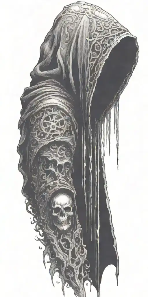 hooded reaper silohuette, smoke, fire, scary, bat wings tattoo design idea