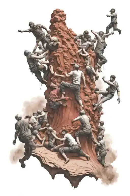 crowd climbing a large blood red sand pillar, hell, desperation, torture, fear tattoo design idea