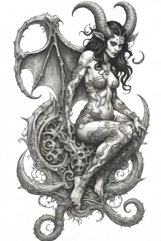 succubus, full body, tattooed, large breasted, attractive woman, large twisted horns, demoness, seductive, detailed tattoo design idea
