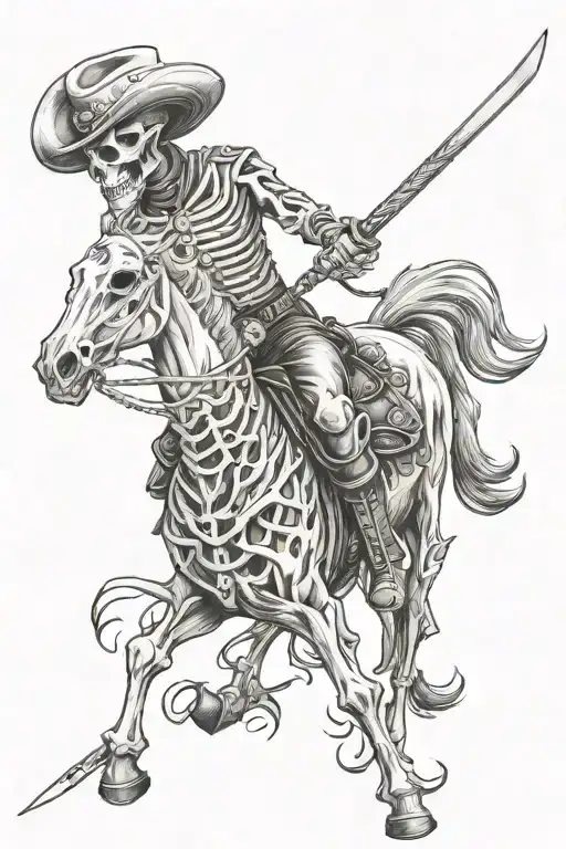skeleton cowboy, skeleton horse, caspian sword  tattoo design idea
