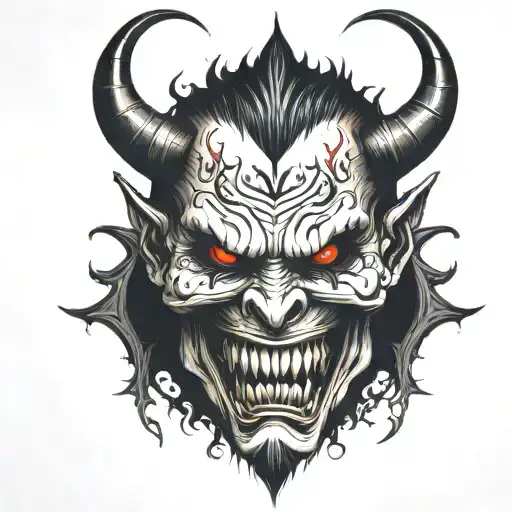 demon face, scary, disgusting scary evil smile, sharp teeth, angry, dark tattoo design idea