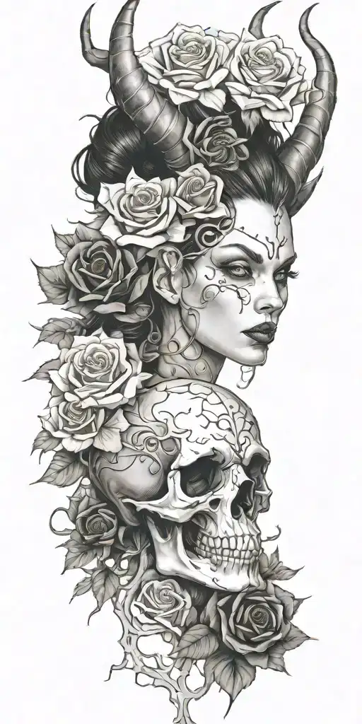 succubus, smoke, thorns, seductive, attractive woman, skulls, roses, horns tattoo design idea