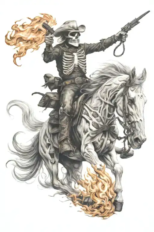 skeleton cowboy, skeleton horse, fire tattoo design idea