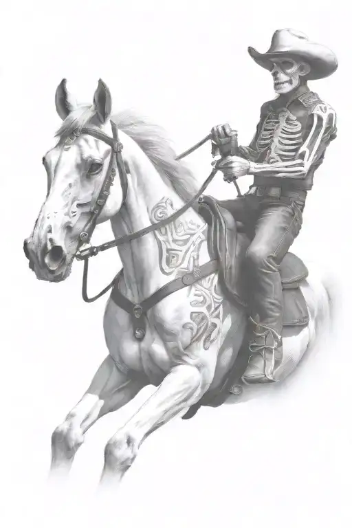 skeleton cowboy, skeleton horse, black and white, detailed tattoo design idea