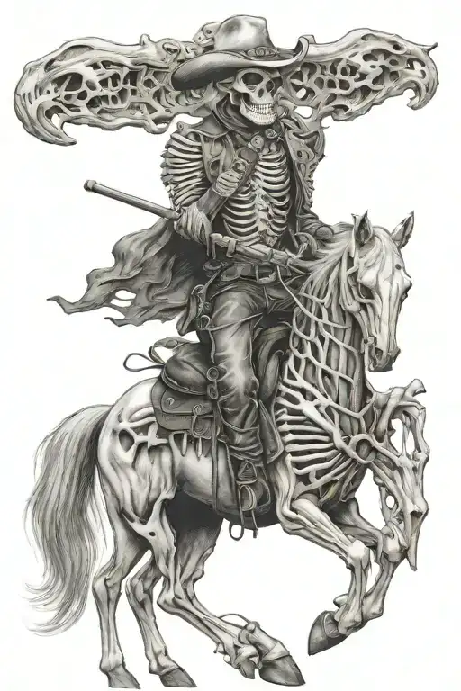 skeleton cowboy, skeleton horse, black and white, detailed, bones, horse skull, no skin tattoo design idea