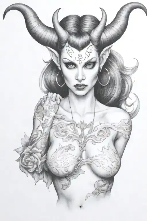 succubus, large breasted, attractive woman, small horns, symetrical horns tattoo design idea
