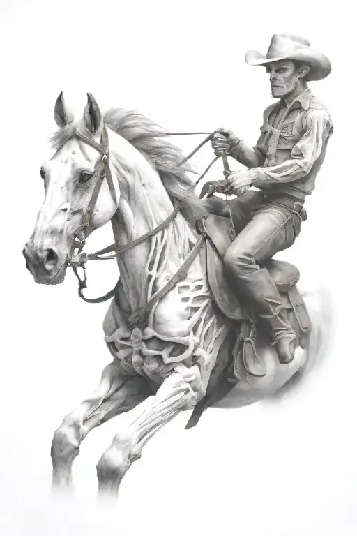 skeleton cowboy, skeleton horse, black and white, detailed tattoo design idea