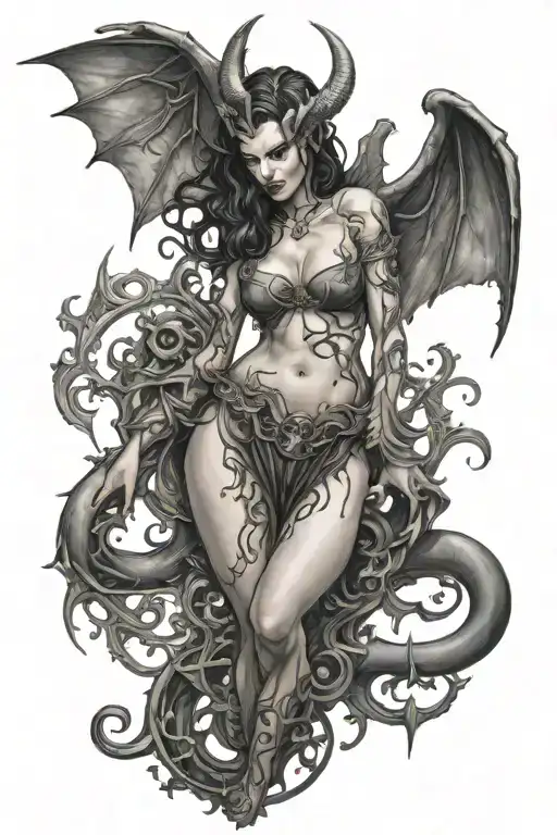 succubus, full body, attractive woman, seductive, sexual stance  tattoo design idea