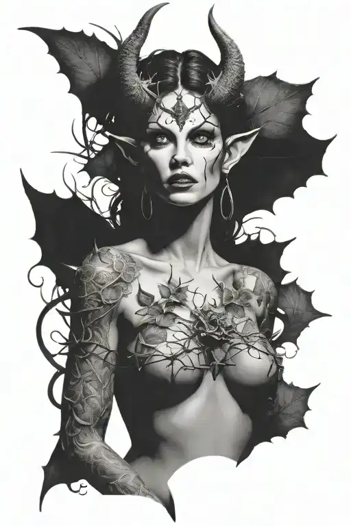 succubus, full body, seductive, large breasted, thorns tattoo design idea