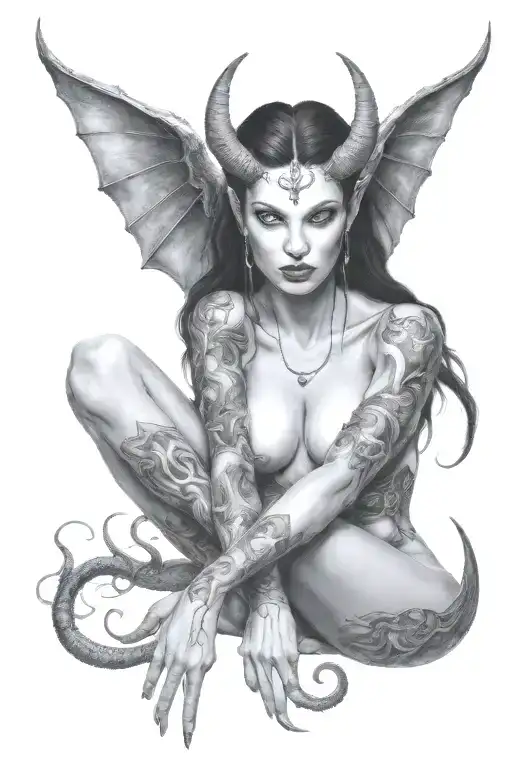 succubus, seductive, nude, twisted horns tattoo design idea