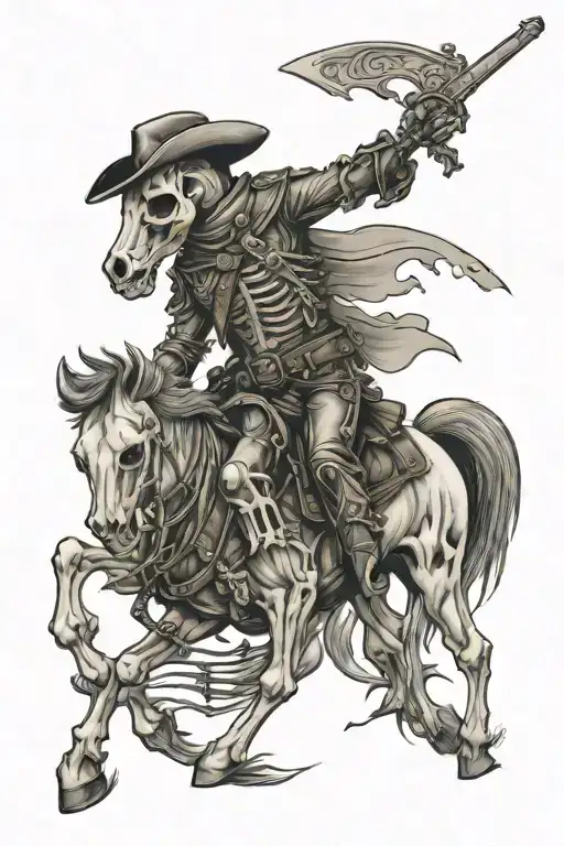 skeleton cowboy, skeleton horse, caspian sword  tattoo design idea