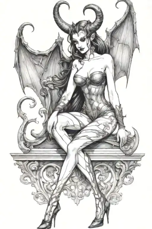 succubus, standing, heels, batwings, large breasted, laced clothing, attractive woman, large horns tattoo design idea
