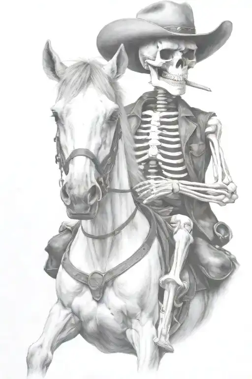 skeleton cowboy, skeleton horse, detailed tattoo design idea