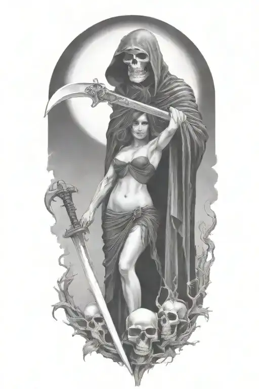 Grim Reaper and a woman, scythe tattoo design idea