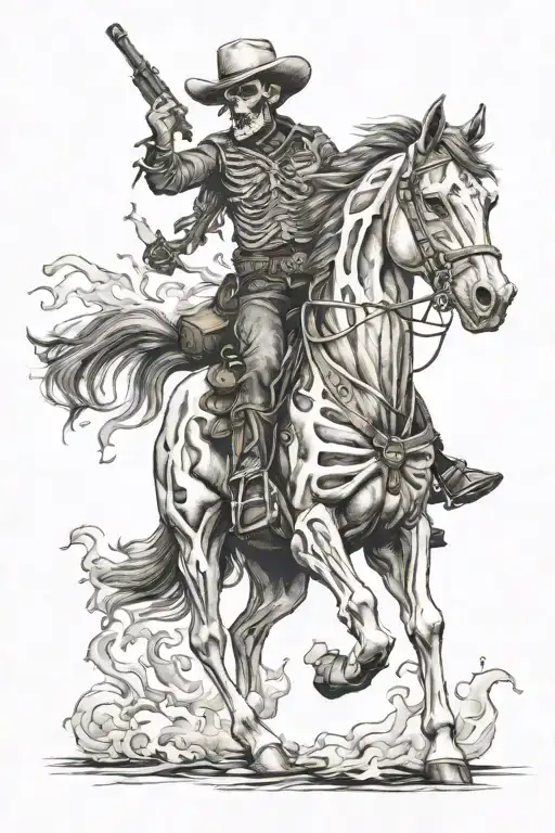 skeleton cowboy, skeleton horse, fire tattoo design idea