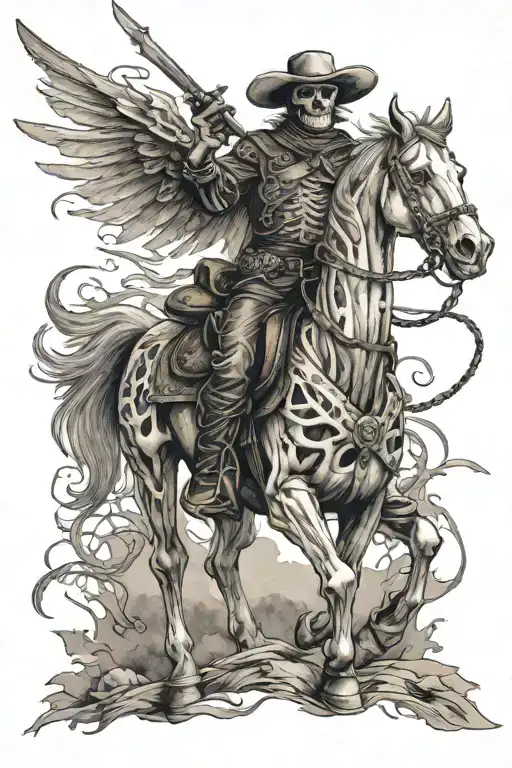 skeleton cowboy, skeleton horse, caspian sword  tattoo design idea