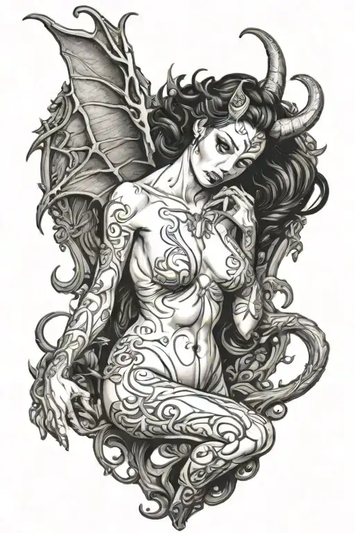 succubus, seductive, full body, attractive woman, sexual position tattoo design idea
