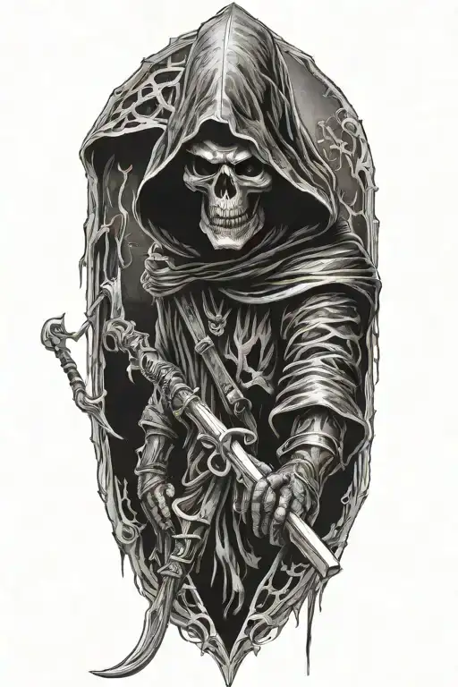 hooded Reaper, darkness,, scary, holding a scythe, blade tattoo design idea