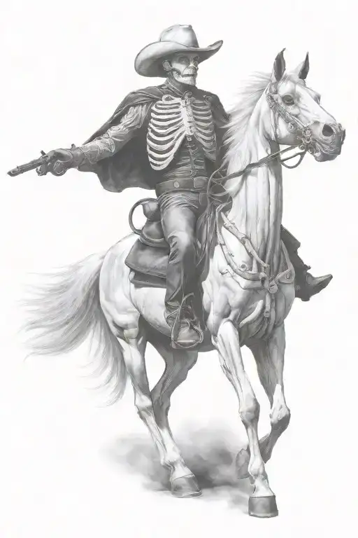 skeleton cowboy, skeleton horse, black and white, detailed tattoo design idea