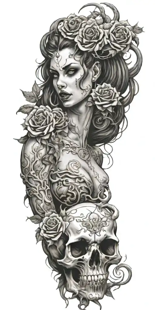 succubus, smoke, thorns, seductive, attractive woman, skulls, roses, horns tattoo design idea
