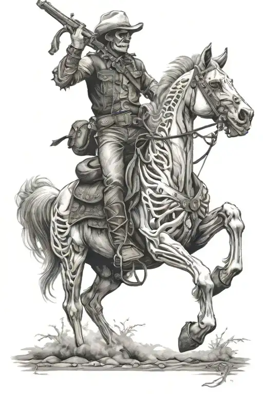 skeleton cowboy, skeleton horse, black and white, detailed tattoo design idea