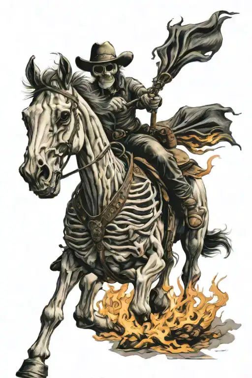 skeleton cowboy, skeleton horse, fire tattoo design idea