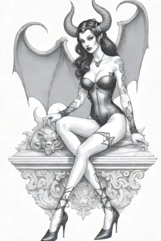 succubus, standing, heels, batwings, large breasted, laced clothing, attractive woman, large horns tattoo design idea