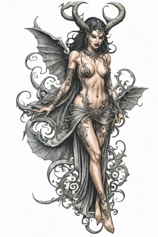 succubus, full body, attractive woman, seductive, sexual stance  tattoo design idea