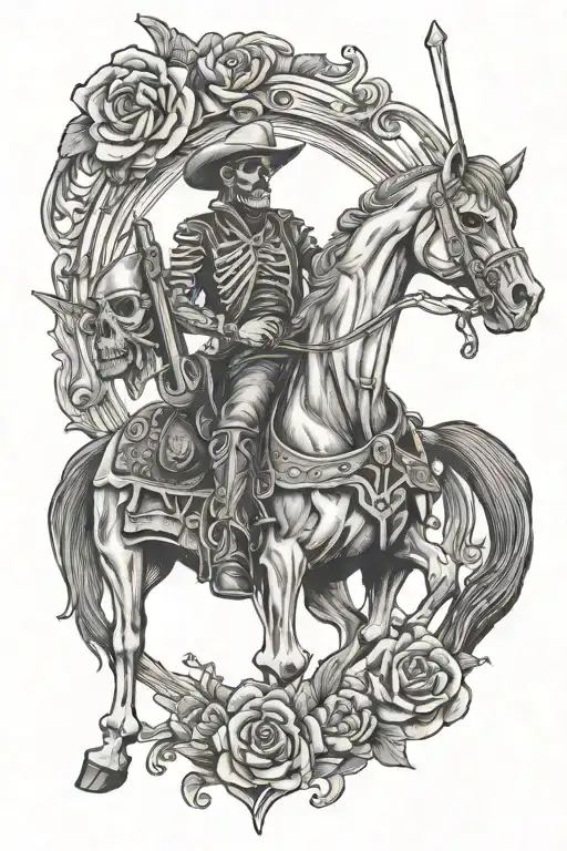 skeleton cowboy, skeleton horse, sword drawn tattoo design idea