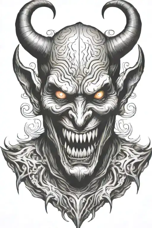 Demon face, evil, smiling tattoo design idea