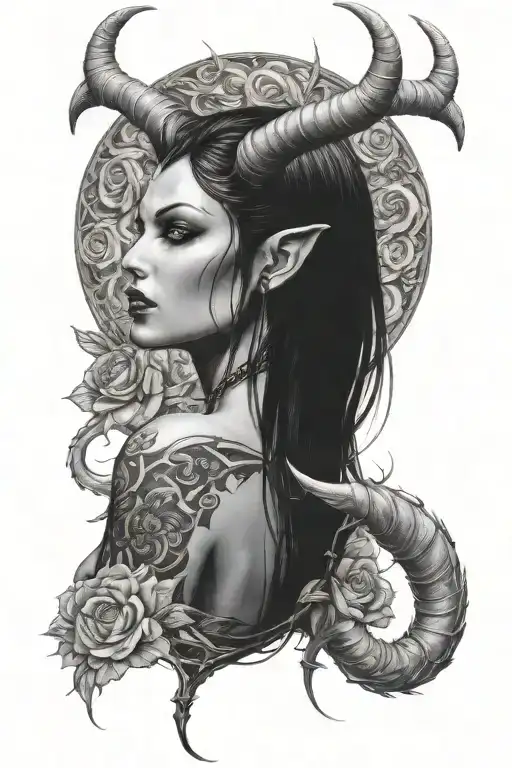 succubus, back and shoulders, sexual, full body, large horns, thorns, roses  tattoo design idea