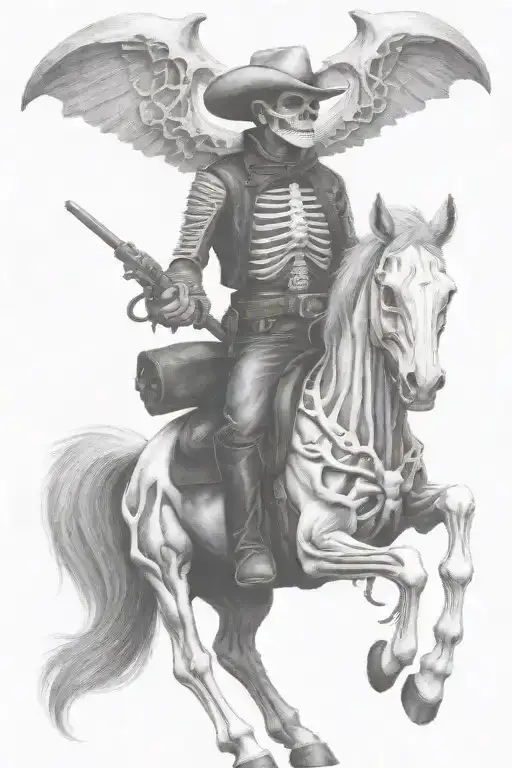 skeleton cowboy, skeleton horse, black and white, detailed, bones, horse skull, no skin tattoo design idea
