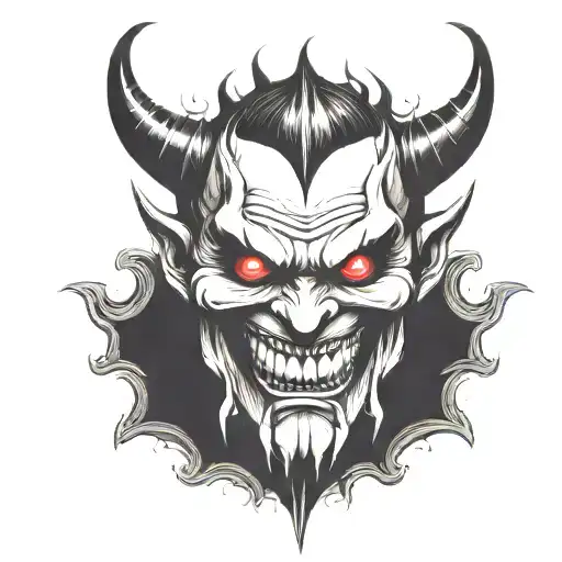 demon face, scary, disgusting scary evil smile, sharp teeth, angry, dark tattoo design idea