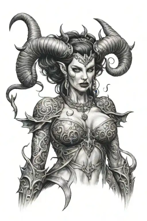 succubus, large breasted, attractive woman, horns, symetrical horns tattoo design idea