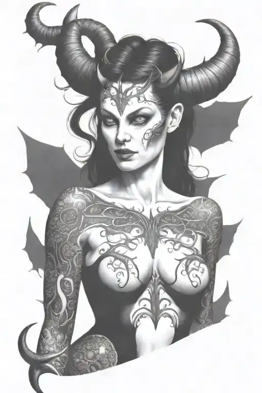 succubus, full body, silohuette, large horns on head, smiling, seductive, symetrical, thorns, large breasted, nude tattoo design idea