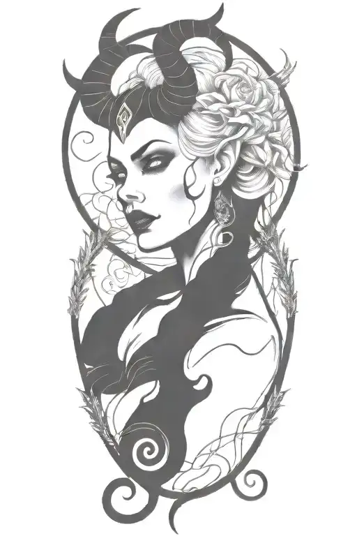 succubus, smoke, thorns, seductive, attractive woman, horns, symetrical  tattoo design idea