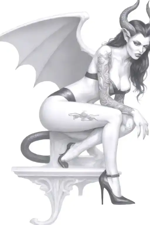 succubus, seductive, full body, attractive woman, sexual position tattoo design idea