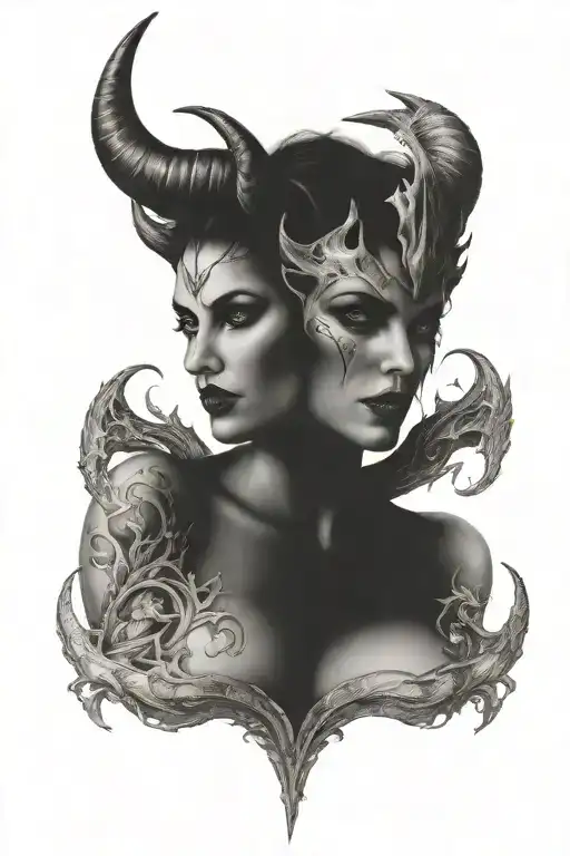 succubus, large breasted, attractive woman, horns, symetrical horns tattoo design idea