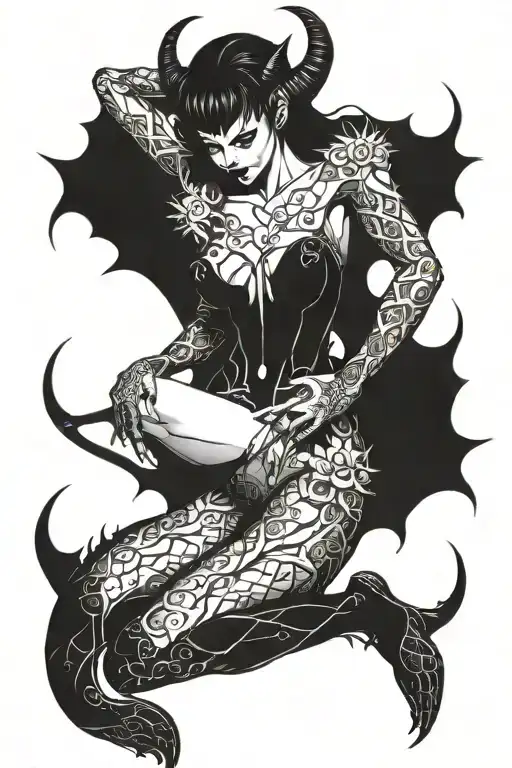 succubus, full body, seductive, large breasted, thorns tattoo design idea