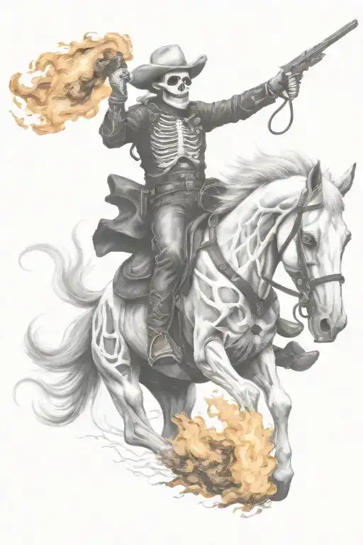 skeleton cowboy, skeleton horse, fire tattoo design idea